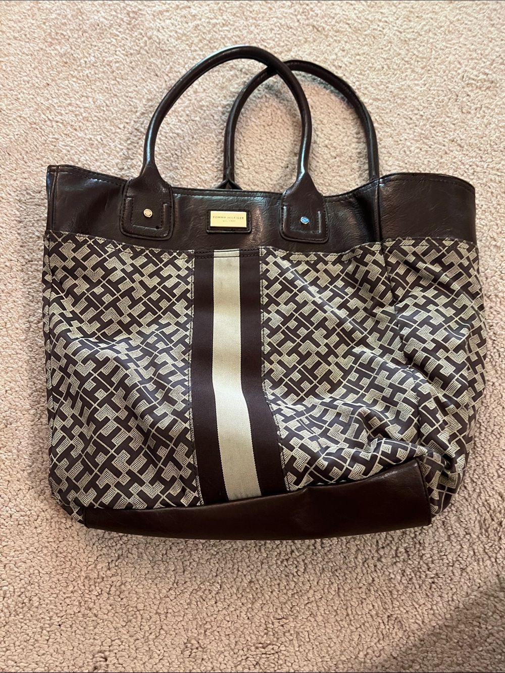 Tommy Hilfiger Brown and Cream Signature Stripe Tote